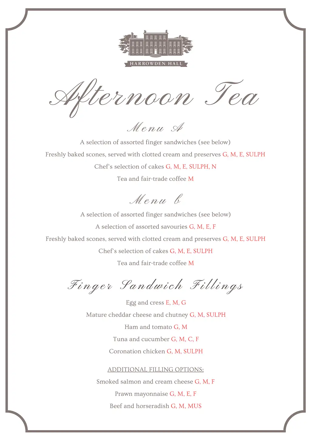 Afternoon tea menu